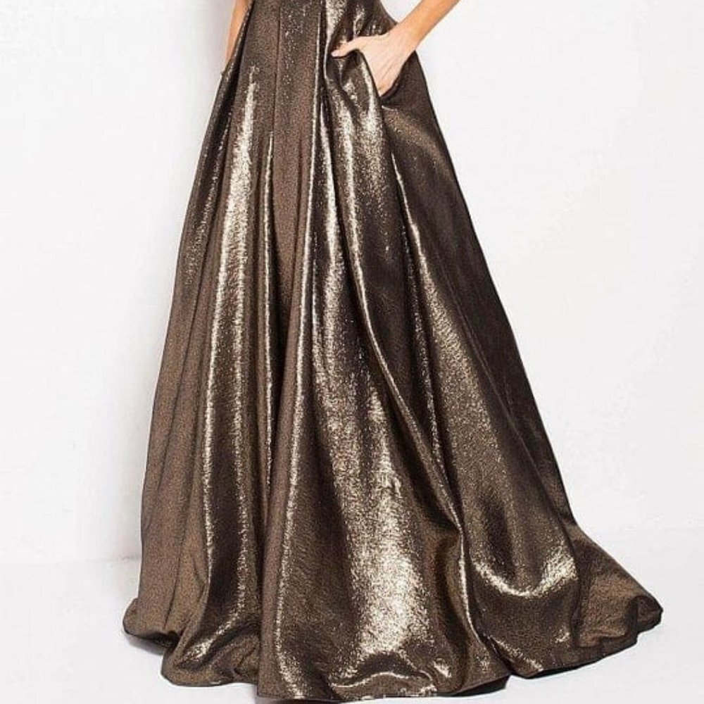 NWT Jovani 57237 Chiffon Prom Dress Gold/Silver Size 00 - Picture 2 of 8